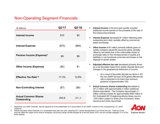 15
Non-Operating Segment Financials
 Interest Income in the prior year quarter included
additional income earned on the proceeds of the sale of
the outsourcing business
 Interest Expense decreased $1 million reflecting lower
outstanding term debt, partially offset by commercial
paper borrowings
 Other Income of $1 million primarily reflects gains on
certain company owned life insurance plans, partially
offset by net losses due to the unfavorable impact of
exchange rates on the remeasurement of assets and
liabilities in non-functional currencies and losses on the
disposal of certain assets
 Adjusted effective tax rate decreased primarily driven
by a net favorable impact from certain discrete items and
changes in the geographical distribution of income
o As a result of favorable discrete tax items in Q3,
the non-GAAP full year 2018 global effective tax
rate is expected to be lower than previous
guidance of approximately 18%
 Actual common shares outstanding decreased to
241.2 million with approximately 4 million additional
dilutive equivalents. The Company repurchased 2.1
million ordinary shares for approximately $300 million in
Q3. Estimated Q4’18 beginning dilutive share count is
~245 million subject to share price movement, share
issuance and share repurchase
1 Represents non-GAAP financials. See the Appendix B of this presentation for a reconciliation of non-GAAP numbers to their corresponding U.S. GAAP
measures.
2 Results discussed reflect financials on a comparable basis year-over-year, adjusting 2017 results retrospectively to pro forma amounts. These pro forma
amounts reflect the impact of the revenue recognition accounting change formally adopted as of the first quarter 2018, and are provided on pages 10-15 of the
press release).
($ millions) Q3’17 Q3’18
Interest Income $10 $0
Interest Expense ($70) ($69)
Pension Income (Expense)1
$9 $9
Other Income (Expense) ($5) $1
Effective Tax Rate1,2 17.3% 12.8%
Non-Controlling Interest ($7) ($6)
Actual Common Shares
Outstanding
250.8 241.2
 