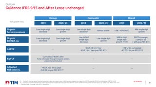 26
Q3 ’19 Results
Outlook
Guidance IFRS 9/15 and After Lease unchanged
2019
Group Domestic Brasil
2020-’21 2019 2020-’21 2019 2020-’21
Organic
Service revenues
Organic
EBITDA-AL
CAPEX
Eq FCF
Adjusted
Net Debt AL
Low single digit
decrease
Low single digit
growth
Low single digit
decrease1 Almost stable +3% - +5% (YoY)
Mid single digit
growth
Low single digit
decrease
Low single digit
growth
Low to Mid
single digit
decrease
Low single digit
growth
Mid to High
single digit
growth (YoY)
EBITDA margin
≥ 39% in ‘20
≥ 40% pre IFRS 9/15
~EUR 2.9 bn / Year
~EUR 3 bn / Year pre IFRS 9/15
~R$ 12 bn cumulated
~R$ 12.5 bn pre IFRS 9/15
--
Cumulated ~EUR 3.5 bn
To be enhanced through inorganic actions
presently not included
-- --
~EUR 20.5 bn by 2021
~EUR 22 bn pre IFRS 9/15 (2)
-- --
YoY growth rates
(1) Domestic revenue growth excluding Sparkle’s zero-low margin voice traffic business stopped (no impact on EBITDA; Sparkle EBITDA actually grew 18% YoY in H1)
(2) Guidance provided last February under old principles includes debt reduction from finance leases reimbursement, which remains but is not visible in an After Lease view
- Figures @ avg. Exchange Rate of 4.31 Reais/Euro
 