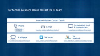 32
For further questions please contact the IR Team
IR Webpage
www.telecomitalia.com/investors
+39 06 3688 1
+39 02 8595 1
Phone
E-mail
Investor_relations@telecomitalia.it
Contact details for all
IR representatives:
www.telecomitalia.com/ircontacts
Investor Relations Contact Details
TIM
Slideshare
www.slideshare.net/telecomitaliacorporatewww.twitter.com/TIMNewsroom
TIM Twitter
 