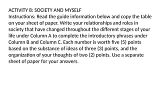 ACTIVITY 8: SOCIETY AND MYSELF
Instructions: Read the guide information below and copy the table
on your sheet of paper. Write your relationships and roles in
society that have changed throughout the different stages of your
life under Column A to complete the introductory phrases under
Column B and Column C. Each number is worth five (5) points
based on the substance of ideas of three (3) points, and the
organization of your thoughts of two (2) points. Use a separate
sheet of paper for your answers.
 