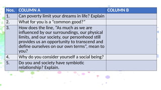 Nos. COLUMN A COLUMN B
1. Can poverty limit your dreams in life? Explain
2. What for you is a “common good?”
3. How does the line, “As much as we are
influenced by our surroundings, our physical
limits, and our society, our personhood still
provides us an opportunity to transcend and
define ourselves on our own terms”, mean to
you?
4. Why do you consider yourself a social being?
5. Do you and society have symbiotic
relationship? Explain.
 
