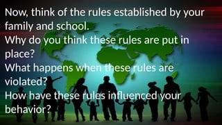 Now, think of the rules established by your
family and school.
Why do you think these rules are put in
place?
What happens when these rules are
violated?
How have these rules influenced your
behavior?
 