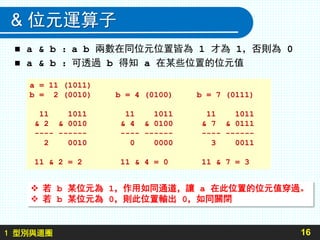1 型別與迴圈
& 位元運算子
 a & b ：a b 兩數在同位元位置皆為 1 才為 1，否則為 0
 a & b ：可透過 b 得知 a 在某些位置的位元值
16
a = 11 (1011)
b = 2 (0010) b = 4 (0100) b = 7 (0111)
11 1011 11 1011 11 1011
& 2 & 0010 & 4 & 0100 & 7 & 0111
---- ------ ---- ------ ---- ------
2 0010 0 0000 3 0011
11 & 2 = 2 11 & 4 = 0 11 & 7 = 3
 若 b 某位元為 1，作用如同通道，讓 a 在此位置的位元值穿過。
 若 b 某位元為 0，則此位置輸出 0，如同關閉
 