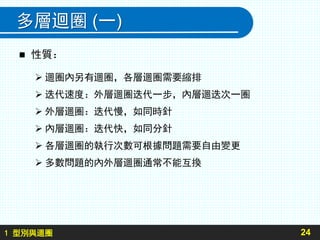 1 型別與迴圈
多層迴圈 (一)
 性質：
 迴圈內另有迴圈，各層迴圈需要縮排
 迭代速度：外層迴圈迭代一步，內層迴迭次一圈
 外層迴圈：迭代慢，如同時針
 內層迴圈：迭代快，如同分針
 各層迴圈的執行次數可根據問題需要自由變更
 多數問題的內外層迴圈通常不能互換
24
 