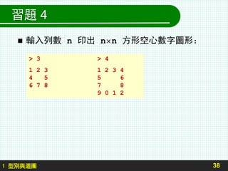 習題 4
 輸入列數 n 印出 n× n 方形空心數字圖形：
38
> 3 > 4
1 2 3 1 2 3 4
4 5 5 6
6 7 8 7 8
9 0 1 2
1 型別與迴圈
 