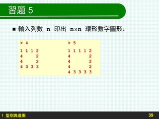 習題 5
 輸入列數 n 印出 n× n 環形數字圖形：
39
> 4 > 5
1 1 1 2 1 1 1 1 2
4 2 4 2
4 2 4 2
4 3 3 3 4 2
4 3 3 3 3
1 型別與迴圈
 