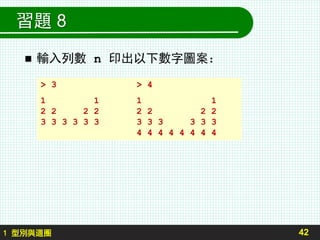 習題 8
 輸入列數 n 印出以下數字圖案：
42
> 3 > 4
1 1 1 1
2 2 2 2 2 2 2 2
3 3 3 3 3 3 3 3 3 3 3 3
4 4 4 4 4 4 4 4
1 型別與迴圈
 