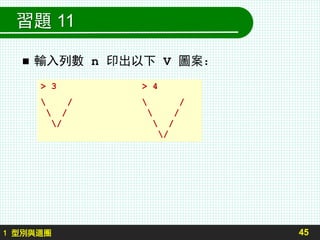 習題 11
 輸入列數 n 印出以下 V 圖案：
45
> 3 > 4
 /  /
 /  /
/  /
/
1 型別與迴圈
 
