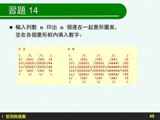 習題 14
 輸入列數 n 印出 n 個連在一起菱形圖案，
並在各個菱形框內填入數字：
48
> 3 > 4
 / / /  / / / /
1 /22 /33 /4 1 /22 /33 /44 /5
11/2222/3333/44 11 /2222 /3333 /4444 /55
11/2222/3333/44 111/222222/333333/444444/555
1/ 22/ 33/ 4 111/222222/333333/444444/555
/ / /  11/ 2222/ 3333/ 4444/ 55
1/ 22/ 33/ 44/ 5
/ / / / 
1 型別與迴圈
 