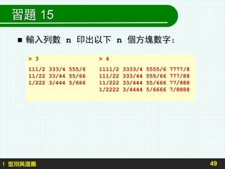 習題 15
 輸入列數 n 印出以下 n 個方塊數字：
49
> 3 > 4
111/2 333/4 555/6 1111/2 3333/4 5555/6 7777/8
11/22 33/44 55/66 111/22 333/44 555/66 777/88
1/222 3/444 5/666 11/222 33/444 55/666 77/888
1/2222 3/4444 5/6666 7/8888
1 型別與迴圈
 