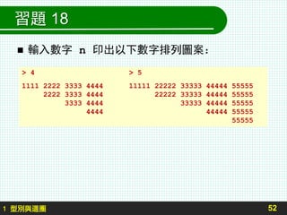 習題 18
 輸入數字 n 印出以下數字排列圖案：
52
> 4 > 5
1111 2222 3333 4444 11111 22222 33333 44444 55555
2222 3333 4444 22222 33333 44444 55555
3333 4444 33333 44444 55555
4444 44444 55555
55555
1 型別與迴圈
 