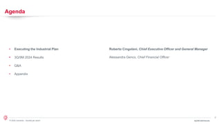 2
© 2024 Leonardo - Società per azioni
Agenda
• Executing the Industrial Plan Roberto Cingolani, Chief Executive Officer and General Manager
• Alessandra Genco, Chief Financial Officer
• 3Q/9M 2024 Results
• Q&A
• Appendix
3Q/9M 2024 Results
 