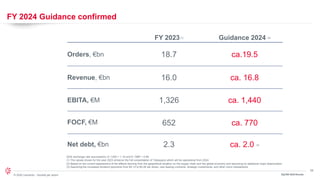 25
© 2024 Leonardo - Società per azioni
FY 2024 Guidance confirmed
3Q/9M 2024 Results
FY 2023(1)
Net debt, €bn 2.3
Guidance 2024 (2)
Orders, €bn 18.7 ca.19.5
Revenue, €bn 16.0 ca. 16.8
EBITA, €M 1,326 ca. 1,440
FOCF, €M 652 ca. 770
ca. 2.0 (3)
2024 exchange rate assumptions: € / USD = 1.15 and € / GBP = 0.89
(1) The values ​​shown for the year 2023 enhance the full consolidation of Telespazio which will be operational from 2024
(2) Based on the current assessment of the effects deriving from the geopolitical situation on the supply chain and the global economy and assuming no additional major deterioration
(3) Assuming the increased dividend payments from €0.14 to €0.28 per share, new leasing contracts, strategic investments, and other minor transactions.
 