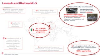 7
© 2024 Leonardo - Società per azioni
Leonardo and Rheinmetall JV
3Q/9M 2024 Results
7) High visibility and certainty of
production life for Long term sustainability
for Leonardo Defence Systems
6) Leonardo in charge of
mission systems,
electronics suites and
weapons integration,
according to
requirements of the
Italian client
2) JV Headquarter in Rome
Production sites: La Spezia, Rome,
Dusseldorf
5) Catalyst for
European
cooperation
8) Creating a joint platform for future
programmes to serve customers also in
other EU countries
>€50bn opportunities
1) Leonardo Rheinmetall Military
Vehicles (LRMV) ultra light JV
established October 15th
3) NEW PLAYER IN EU TANK PRODUCTION
New Main Battle Tank
based on Panther KF51
platform (>150 units)
New Armored Combat Systems
based on Lynx platform, (1050 units
in 16 variants + anti-aircraft
(Skyranger), reconnaissanceiand
anti-tank versions)
4) ca. €23bn
value of the Italian
programmes
 