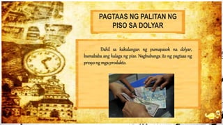 PAGTAAS NG PALITAN NG
PISO SA DOLYAR
Dahil sa kakulangan ng pumapasok na dolyar,
bumababa ang halaga ng piso. Nagbubunga ito ng pagtaas ng
presyong mga produkto.
 