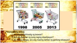 Pamprosesong tanong:
1. Ano ang ipinahihiwatig ng larawan?
2. Ano ang basehan ng iyong naging obserbasyon?
3. Sa inyong palagay, ano ang maaring dahilan ng ganitong sitwasyon?
 