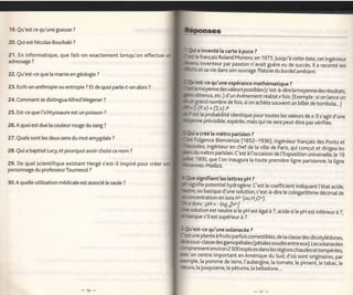 19. Qu'est ce qu'une gueuse    ?


20. Quiest Nicolas Bourbaki ?
                                                                          a inventé [a carte à puce ?
21. En informatique, que fait-on exactement lorsqu'on effectue           h français Roland Moreno,en 19Z5.Jusqu,à cette date, cet ingénieur
adressage ?                                                              tr inventeur par passion n'avait guère eu de succès. ll a raco-nté ses
                                                                          et sa vie dans son ouvrage Théorie du bordel ambiant.
22. Qu'est-ce que [a marne en géologie    ?
                                                                         'est-ce qu'une espérance mathématique
                                                                                                                       ?
23. Ecrit-on anthropie ou entropie ? Et de quoi parle-t-on ators   ?     a,loyenne desvaleurspossibles (c'est-à-dire la moyenne des résultats,
                                                                        obtenus, etc.) d'un événement réaliséxfois. (ExeÉple:si on
24. Comment se distinguaAtfredWegener                                                                                                      lance un
                                              ?                          gnnd nombre de fois, si on achète souvent un biltet de tombola...)
                                                                        2(P.x) = (>r).P
25. Est-ce que l'ichtyosaure est un poisson   ?                             ta proba.bilité identique pour toutes les valeurs de x. ll s,agit
                                                                                                                                              d'une
                                                                            e prévisible, espérée, mais qui ne sera peut-être pas vérifiée.
26. A quoi est due [a couleur rouge du sang   ?

                                                                         a créé [e métro parisien ?
27. Quels sont les deux sens du mot amygdale      ?                     Fu-[gence Bienvenûe (1852-1936), ingénieur français des ponts
                                                                                                                                      et
                                                                        sées, ingénieur en chef de ta vi[e de plris, qui conçut et dirigea
28. Qui a baptisé Lucy, et pourquoi avoir choisi ce nom ?                                                                                    les
                                                                        d_umétro parisien. C'est à l'occasion de t,Expôsition universelÈ, [e 19
                                                                         1900, qu.e t'on inaugura la toute première ligne parisienne, la
29. De que[ scientifique existant Hergé s'est-il inspiré pour créer                                                                              ligne
personnage du professeu r Tou rnesol ?
                                                                         signifient les lettres pH   ?
30. A quelle utilisation médicale est associé [e saule ?                  ifie,potentiel hydrogène. C'est le coefficient indiquant [,état acide,
                                                                          ou basigue d'une solution, c'est-à-dire [e cotogarithme décimaI de
                                                                       ncentration en ions H+ (ou H,O+).
                                                                        donc:pH = - log,dU*1
                                                                       solution.est neutre si le pH est égatà   Z,   acide si le pH est inférieur à Z,
                                                                       sique s'il est supérieur à 7.

                                                                        est-ce qu'une solanacée ?
                                                                       une plante à fruits parfois comestibles, de [a classe des dicotylédones,
                                                                       ;ous-ctasse des gamopétales (pétares soudés entre eux). Les
                                                                                                                                         s6hnacéei
                                                                       rrennentenviron 2 500espèces dans les régions chaudes ettempérées,
                                                                       un centre important en Amérique du Sud, d,où sont originaiies, par
                                                                        pte, [a pomme de terre, l'aubergine, [a tomate, te piment]te
                                                                                                                                     tabaé, te
                                                                        a,ta jusquiame, [e pétunia, ta betladone...
 