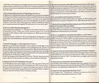 < desTuiles >,   lestroupesdu roi chargees de [a protection de [a personne des 9. Que[ fut te prisonnier [e p[us illustre du fort de Ham au XIX' siède ?
 parlementaires se heurtèrent à [a résistance musclée des populations, non I s'agit bien sdr de l'empereur déchu Napotéon lll, fait prisonnier durant [a
 armées, mais qui les bombardèrentdetous les projectilesà leurdisposition, batailtede Sedan,le 2septembre 1870.1ts'en évada,se réfugia à Londres,puis
 dont des tuites.                                                                 revint ctandestinement à Paris, pour tenter - sans succès - de reprendre le
                                                                                  pouvoir. Le 4 septembre 1870, ta République avait été proclamée et, malgré
 5. Quia été président durant [a lle République en France ?                       des difficuttés, on ne revint pas en arrière.
 lls'agitdeLouis-Napo[éonBonaparte,é[urégulièrement,puisdevenuprésident
à vie. Et pourtant,Thiers ['avait choisicomme candidatà ['élection en disant      10. De quand date [e droit de grève en France ?
avec mépris << c'estun nigaud que l'on mènera >> ! Le prince Louis-Napoléon       Réponses a) et b) : en fait, tes deux dates sontvalides:en 1864, ta grèrve avait
 Bonaparte deviendra empereur, sous [e nom de Napoléon lll, après [e coup ététolérée par l'empereur Napoléon lll ; en 1884, etle devenait un droiL
d'état du 2 décembre 1851. Mais la guerre de 1870 et la défaite de Sedan,
puis l'emprisonnement de Napoléon lll mettront fin à ce second Empire.            1 l.Quetestle nom du généralallemand qui a sauvé Parisde [a destruction

                                                                                  d.rrant [a Seconde Guerre mondiale ?
6.Qui a succédé à Napoléon Bonaparte ?                                            Its'agitdu généralvon Schottitz,quiétaitalorsgouverneurde Paris. En effet,
Tout simplement Napoléon ler ! Bonaparte fut d'abord directeur sous æs t g+0, ftitter avait décidé [a destruction de Paris. C'était compter sans [a
le Directoire (1795-1799), puis consut, ensuite consu[ à vie, sous [e clésobéissance (heureuse) de von Scholtitz.
Consulat (1799-1804) et enfin sacré empereur en 1804 sous [e nom de
Napoléon ler.                                                                      12. Qu'a-t-on appeté ta << révotution des ceillets > au XXe siècle ?
Le premier Empire s'achève en 1814, par l'abdication de Napotéon lel Cet           lls'agit de ta tibération du Portugalde [a dictature de Salazar jusqu'e1.1%8
empire sera momentanément restauré lors des Cent-Jours de mars à juin (satalar mourra en 1970), auquela succédé Caetano, un Peu plus libéral
1815.                                                                              Mais cela ne suffit pas à assurer une véritable démocratie et ['opposition se
                                                                                   devetoppeà l'intérieurde l'armée.Le 25 avri[ 1974,[esgarnisonssesoutèvent
7. Quand l'esclavage a-t-il été supprimé en France ?                               contre'[à pouvoir, eltes sont soutenues par la population qui les accueille
Réponse c) : la Révolution française n'a pas supprimé l'esclavage. Ce fut          anec des æitlets, d'où te nom donné à ce soulèvement qui allait inaugurer
cetle de 1848 qui proclama l'abolition de l'esclavage dans les colonies, [e        la démocratie au Portugat.
4 mars 1 848, sur proposition deVictor Schoelcher, député de [a Martinique,
et ['inscrivit dans ['article 6 de [a Constitution. La suppression de ['esclavage  13. Que[ territoire est récemment passé sous domination chinoise ?
au plan mondial a été réaffirmée dansla Déclaration universelle des Droits         Hong-Kong, au sud de [a Chine, était uneî[e britannique depuis 1842. Mais,
de l'Homme du 10 décembre 1948, article 4.                                         confôrmément à l'accord sino-britannique de 1984, ce territoire a été
En fait,l'esclavage avaitété déjà abolile 4février 1794(ou16 ptuviose an ll)       rétrocédé à ta chine en 1997. c'est désormais une région administrative
mais ce décret n'avait pas été suivi d'effets, et [e travail forcé subsistait.     spéciale de la Chine.

8. Quand a pris fin ta llle Répubtique française ?                                 14. Quet est [e nom actuel de l'ancien Dahomey ?
La llle République fut [a ptus longue, à ce jour, des cinq que la France ait       C'est [e Bénin, Etat d'Afrique occidentale ayant pour capitale Porto-Novo.
connues :e[[e prit naissance à la fin de [a guerre de 1870 contre ]es prus-        Aprèsavoirété royaume, puis coloniefrançaise de 1895 à 1958,1e Dahomey
siens, ne fut pas entamée par la 1.e guerre mondiale mais cessa en 1940, le        est devenu une répubtique indépendante en 1960 sous [e nom de Bénin.
10 juitlet, pour [aisser place au gouvernement du général Pétain, installé à
Vichy, car [a partie sud de [a France n'était pas occupée.                         15. Que[ est le plus grand Etat des Etats-Unis ?
                                                                                   C'est t'Alaska, avec 'l 530 000 km 2. Cédé par la Russie aux Etats-Unis en
                                                                                   1857, ildevint un Etat fédéralaméricain en 1959.
 