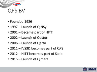 QPS BV
• Founded 1986
• 1997 – Launch of QINSy
• 2001 – Became part of HITT
• 2002 – Launch of Qastor
• 2006 – Launch of Qarto
• 2011 – IVS3D becomes part of QPS
• 2012 – HITT becomes part of Saab
• 2015 – Launch of Qimera
 