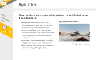 C R E A T I V E
4
More creative options optimized to be viewed on mobile devices are
being developed.
• People have tremen...