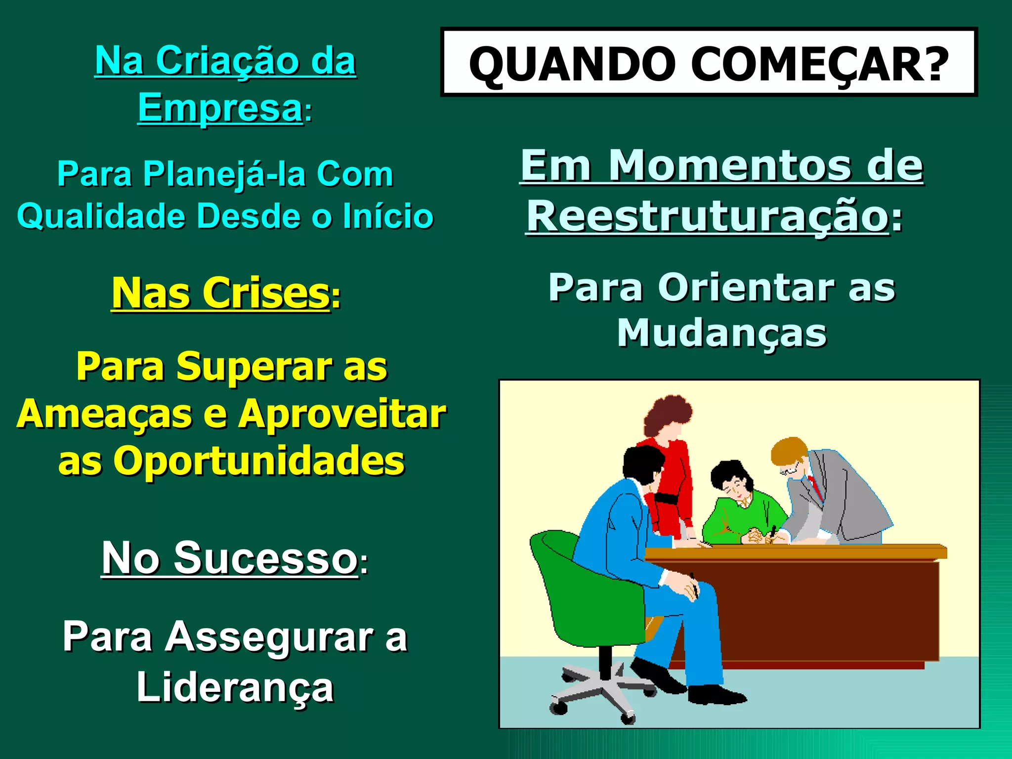 QUANDO COMEÇAR? Na Criação da Empresa : Para Planejá-la Com Qualidade Desde o Início Em Momentos de Reestruturação :  Para Orientar as Mudanças Nas Crises :  Para Superar as Ameaças e Aproveitar as Oportunidades No Sucesso : Para Assegurar a Liderança 