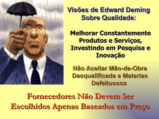 Visões de Edward Deming Sobre Qualidade: Melhorar Constantemente Produtos e Serviços, Investindo em Pesquisa e Inovação Não Aceitar Mão-de-Obra Desqualificada e Materias Defeituosos   Fornecedores Não Devem Ser Escolhidos Apenas Baseados em Preço 