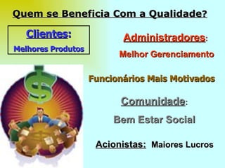 Quem se Beneficia Com a Qualidade ? Clientes : Melhores Produtos Acionistas:   Maiores Lucros Administradores :  Melhor Gerenciamento Funcionários Mais Motivados Comunidade : Bem Estar Social 