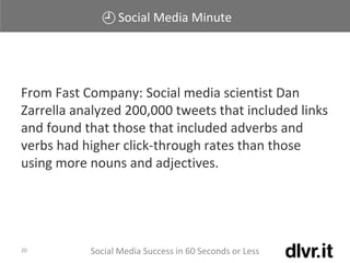 Social Media Minute
Social Media Success in 60 Seconds or Less20
From Fast Company: Social media scientist Dan
Zarrella analyzed 200,000 tweets that included links
and found that those that included adverbs and
verbs had higher click-through rates than those
using more nouns and adjectives.
 