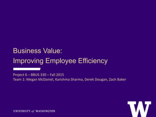 Business Value:
Improving Employee Efficiency
Project 6 – BBUS 330 – Fall 2015
Team 1: Megan McDaniel, Karishma Sharma, Derek Dougan, Zach Baker
 