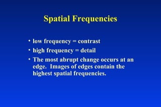 Spatial Frequencies
• low frequency = contrast
• high frequency = detail
• The most abrupt change occurs at an
edge. Images of edges contain the
highest spatial frequencies.
 