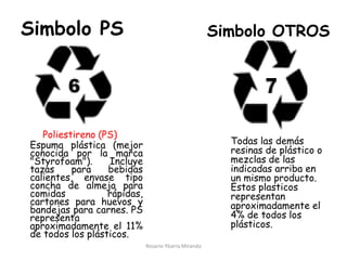 Simbolo PS<br />Simbolo OTROS<br />Poliestireno (PS)<br /> 	Espuma plástica (mejor conocida por la marca "Styrofoam"). Inc...