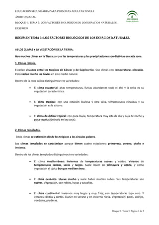 EDUCACIÓN SECUNDARIA PARA PERSONAS ADULTAS NIVEL I
ÁMBITO SOCIAL
BLOQUE II. TEMA 3: LOS FACTORES BIOLÓGICOS DE LOS ESPACIOS NATURALES.
RESUMEN
Bloque II. Tema 3, Página 1 de 2
RESUMEN TEMA 3: LOS FACTORES BIOLÓGICOS DE LOS ESPACIOS NATURALES.
A) LOS CLIMAS Y LA VEGETACIÓN DE LA TIERRA.
Hay muchos climas en la Tierra porque las temperaturas y las precipitaciones son distintas en cada zona.
1. Climas cálidos.
Estarían situados entre los trópicos de Cáncer y de Capricornio. Son climas con temperaturas elevadas.
Pero varían mucho las lluvias en este medio natural.
Dentro de la zona cálida distinguimos tres variedades:
 El clima ecuatorial: altas temperaturas, lluvias abundantes todo el año y la selva es su
vegetación característica.
 El clima tropical: con una estación lluviosa y otra seca, temperaturas elevadas y su
vegetación es la sabana.
 El clima desértico tropical: con poca lluvia, temperatura muy alta de día y baja de noche y
poca vegetación (solo en los oasis).
2. Climas templados.
Estos climas se extienden desde los trópicos a los círculos polares.
Los climas templados se caracterizan porque tienen cuatro estaciones: primavera, verano, otoño e
invierno.
Dentro de los climas templados distinguimos tres variedades:
 El clima mediterráneo: inviernos de temperaturas suaves y cortos. Veranos de
temperaturas cálidas, secos y largos. Suele llover en primavera y otoño, y como
vegetación el típico bosque mediterráneo.
 El clima oceánico: Llueve mucho y suele haber muchas nubes. Sus temperaturas son
suaves. Vegetación, con robles, hayas y castaños.
 El clima continental: inviernos muy largos y muy fríos, con temperaturas bajo cero. Y
veranos cálidos y cortos. Llueve en verano y en invierno nieva. Vegetación: pinos, abetos,
abedules, praderas.
 