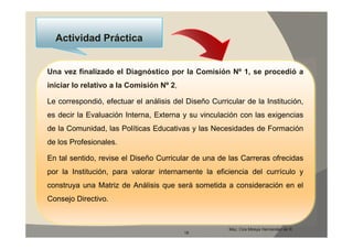 Actividad Práctica


Una vez finalizado el Diagnóstico por la Comisión Nº 1, se procedió a
iniciar lo relativo a la Comisión Nº 2,

Le correspondió, efectuar el análisis del Diseño Curricular de la Institución,
es decir la Evaluación Interna, Externa y su vinculación con las exigencias
de la Comunidad, las Políticas Educativas y las Necesidades de Formación
de los Profesionales.

En tal sentido, revise el Diseño Curricular de una de las Carreras ofrecidas
por la Institución, para valorar internamente la eficiencia del currículo y
construya una Matriz de Análisis que será sometida a consideración en el
Consejo Directivo.


                                                       Msc. Cira Mireya Hernández de R.
                                          18
 