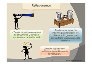 Reflexionemos




                                             ¿De donde se toman los
¿Tienes conocimiento de que                insumos para fortalecer los
  es el Currículo y cómo se                  Planes y Programas que
 administra en tu Institución?            administra la Institución donde
                                                     laboras?


                                   ¿Haz participado en el
                                 análisis de los problemas de
                                         la Institución?


                                            5             Msc. Cira Mireya Hernández de R.
 