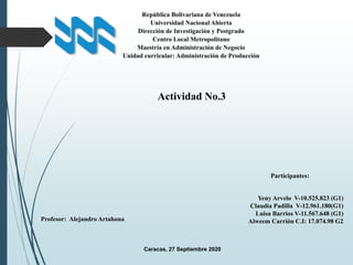 República Bolivariana de Venezuela
Universidad Nacional Abierta
Dirección de Investigación y Postgrado
Centro Local Metropolitano
Maestría en Administración de Negocio
Unidad curricular: Administración de Producción
Participantes:
Yeny Arvelo V-10.525.823 (G1)
Claudia Padilla V-12.961.180(G1)
Luisa Barrios V-11.567.648 (G1)
Alweem Carrión C.I: 17.074.98 G2
Caracas, 27 Septiembre 2020
Profesor: Alejandro Artahona
Actividad No.3
 