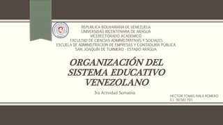 ORGANIZACIÓN DEL
SISTEMA EDUCATIVO
VENEZOLANO
3ra Actividad Sumativa
REPUBLICA BOLIVARIANA DE VENEZUELA
UNIVERSIDAD BICENTENARIA DE ARAGUA
VICERECTORADO ACADEMICO
FACULTAD DE CIENCIAS ADMINISTRATIVAS Y SOCIALES
ESCUELA DE ADMINISTRACION DE EMPRESAS Y CONTADURÍA PÚBLICA
SAN JOAQUÍN DE TURMERO - ESTADO ARAGUA
HECTOR TOMAS AVILA ROMERO
C.I. 30.581.703
 