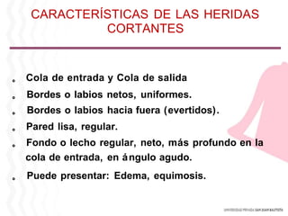 。 Cola de entrada y Cola de salida
。 Bordes o labios netos, uniformes.
。 Bordes o labios hacia fuera (evertidos).
。 Pared lisa, regular.
。 Fondo o lecho regular, neto, más profundo en la
cola de entrada, en ángulo agudo.
。 Puede presentar: Edema, equimosis.
CARACTERÍSTICAS DE LAS HERIDAS
CORTANTES
 