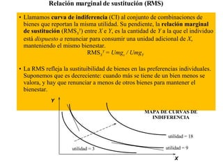 Relación marginal de sustitución (RMS) Llamamos  curva de indiferencia  (CI) al conjunto de combinaciones de bienes que reportan la misma utilidad. Su pendiente, la  relación marginal de sustitución  (RMS X Y ) entre  X  e  Y , es la cantidad de  Y  a la que el individuo está  dispuesto a  renunciar para consumir una unidad adicional de  X , manteniendo el mismo bienestar. RMS X Y  =  Umg x  / Umg Y   La RMS refleja la sustituibilidad de bienes en las preferencias individuales. Suponemos que es decreciente: cuando más se tiene de un bien menos se valora, y hay que renunciar a menos de otros bienes para mantener el bienestar. Y utilidad = 3 MAPA DE CURVAS DE INDIFERENCIA X utilidad = 9 utilidad = 18 