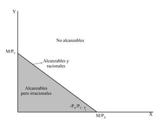 Y X Alcanzables pero irracionales Alcanzables y racionales No alcanzables M/P Y M/P X -P X /P Y 