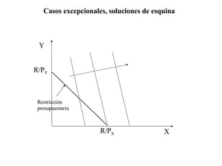 Restricción presupuestaria X Y R/P Y R/P X Casos excepcionales, soluciones de esquina 