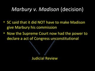 Marbury v. Madison (decision)
• SC said that it did NOT have to make Madison
give Marbury his commission
• Now the Supreme Court now had the power to
declare a act of Congress unconstitutional
Judicial Review
 