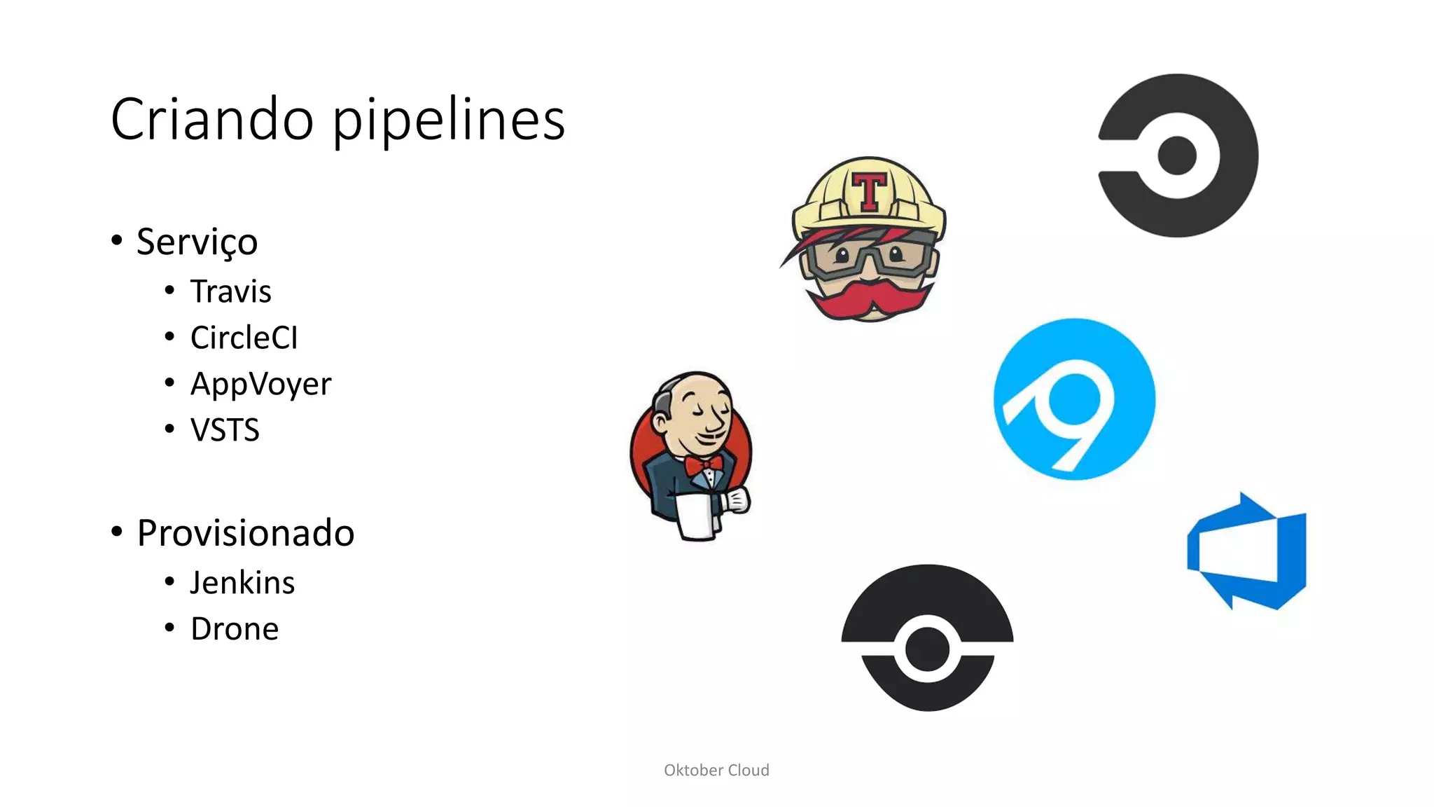 Criando pipelines
• Serviço
• Travis
• CircleCI
• AppVoyer
• VSTS
• Provisionado
• Jenkins
• Drone
Oktober Cloud
 