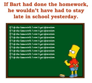 If Bart had done the homework,
he wouldn’t have had to stay
late in school yesterday.
 