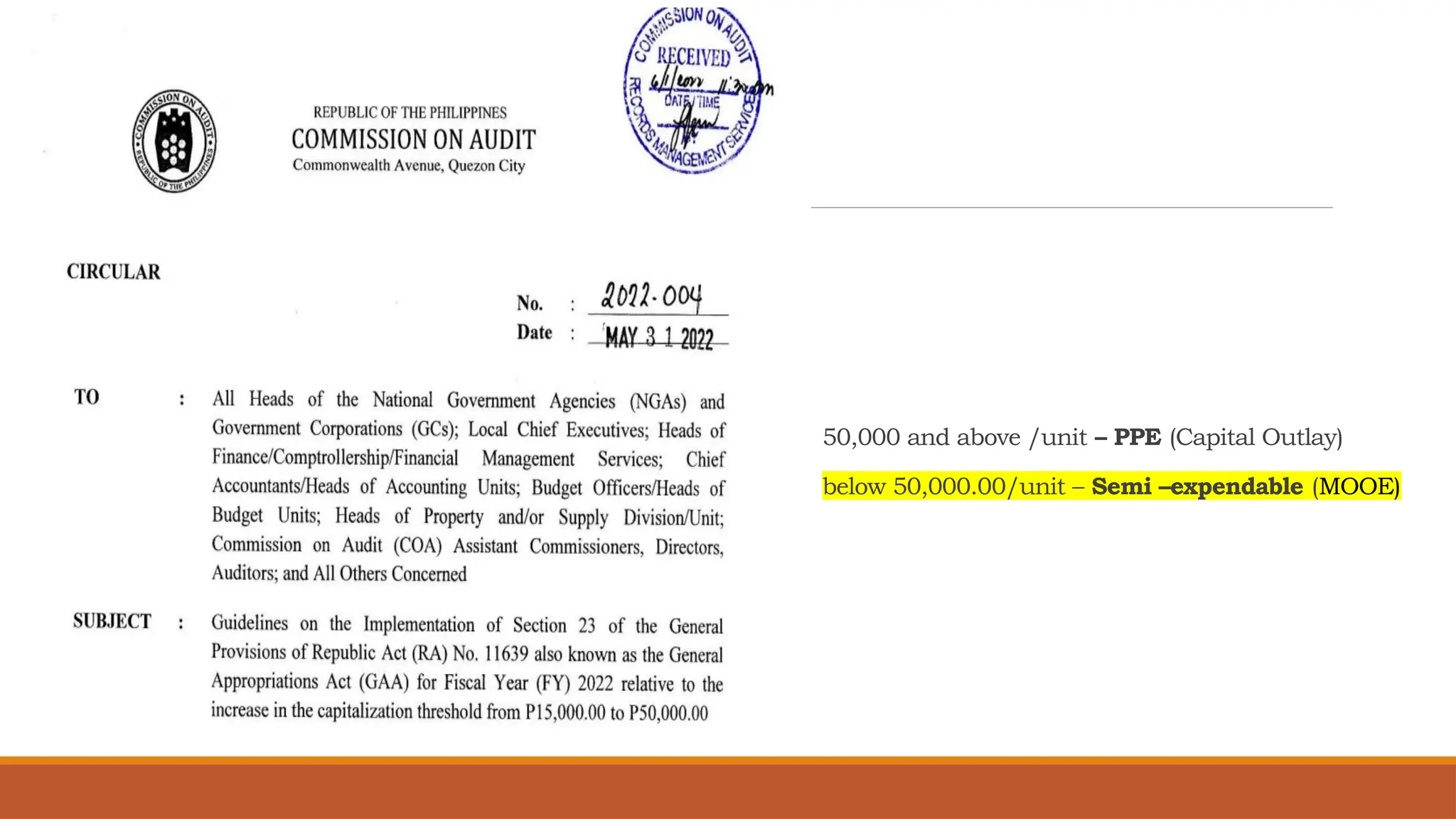 50,000 and above /unit – PPE (Capital Outlay)
below 50,000.00/unit – Semi –expendable (MOOE)
 