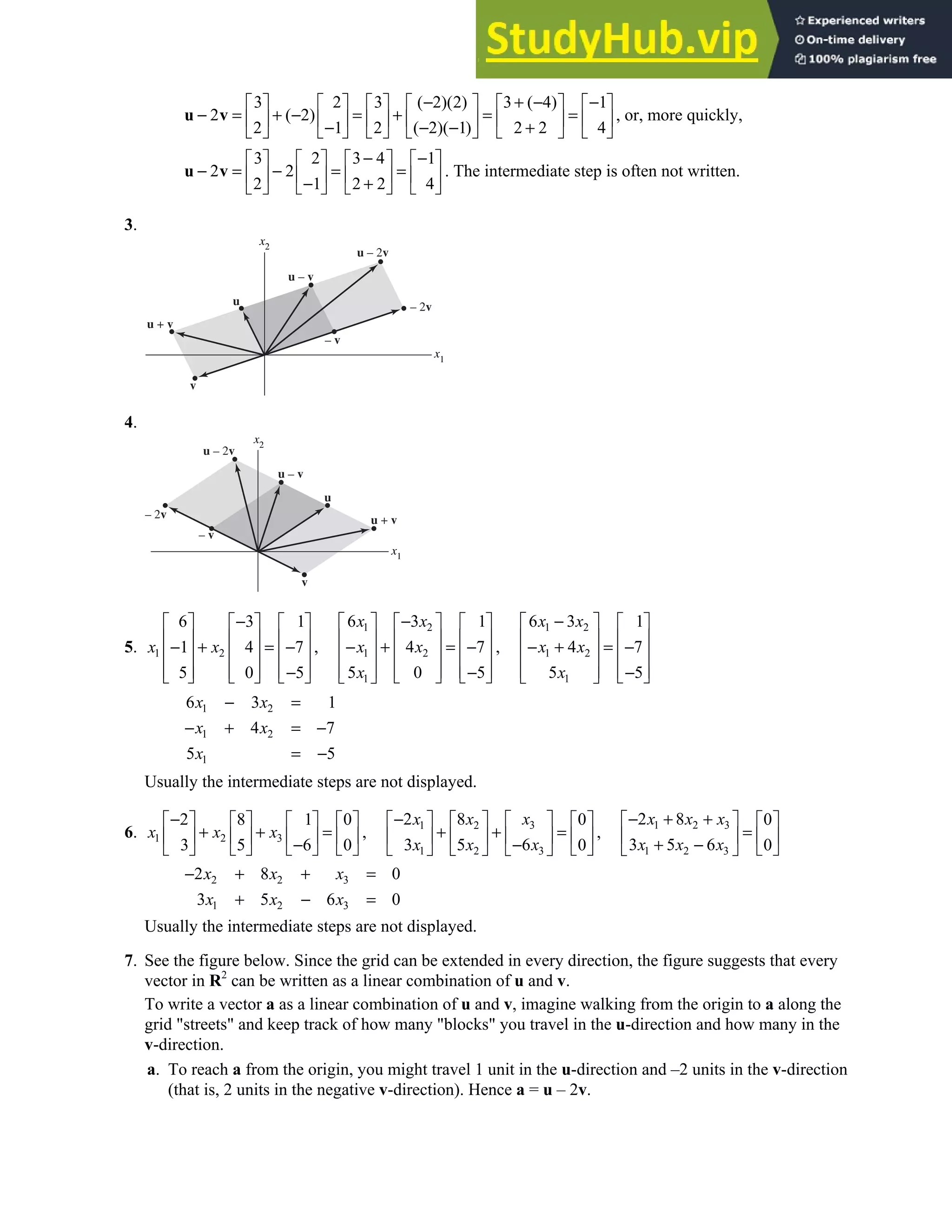 1.3 • Solutions 15
3 2 3 ( 2)(2) 3 ( 4) 1
2 ( 2)
2 1 2 ( 2)( 1) 2 2 4
− + − −
           
− = + − = + = =
           
− − − +
           
u v , or, more quickly,
3 2 3 4 1
2 2
2 1 2 2 4
− −
       
− = − = =
       
− +
       
u v . The intermediate step is often not written.
3.
x2
x1
u – 2v
– 2v
u – v
– v
v
u
u + v
4.
x2
x1
u – v
u
v
u + v
– v
– 2v
u – 2v
5. 1 2
6 3 1
1 4 7
5 0 5
x x
−
     
     
− + = −
     
     
−
     
,
1 2
1 2
1
6 3 1
4 7
5 0 5
x x
x x
x
−
     
     
− + = −
     
     
−
   
 
,
1 2
1 2
1
6 3 1
4 7
5 5
x x
x x
x
−
   
   
− + = −
   
   
−
 
 
1 2
1 2
1
6 3 1
4 7
5 5
x x
x x
x
− =
− + = −
= −
Usually the intermediate steps are not displayed.
6. 1 2 3
2 8 1 0
3 5 6 0
x x x
−
       
+ + =
       
−
       
,
3
1 2
3
1 2
2 8 0
6
3 5 0
x
x x
x
x x
−  
     
+ + =
 
     
−  
     
,
1 2 3
1 2 3
2 8 0
3 5 6 0
x x x
x x x
− + +
   
=
   
+ −  
 
2 2 3
1 2 3
2 8 0
3 5 6 0
x x x
x x x
− + + =
+ − =
Usually the intermediate steps are not displayed.
7. See the figure below. Since the grid can be extended in every direction, the figure suggests that every
vector in R2
can be written as a linear combination of u and v.
To write a vector a as a linear combination of u and v, imagine walking from the origin to a along the
grid "streets" and keep track of how many "blocks" you travel in the u-direction and how many in the
v-direction.
a. To reach a from the origin, you might travel 1 unit in the u-direction and –2 units in the v-direction
(that is, 2 units in the negative v-direction). Hence a = u – 2v.
 