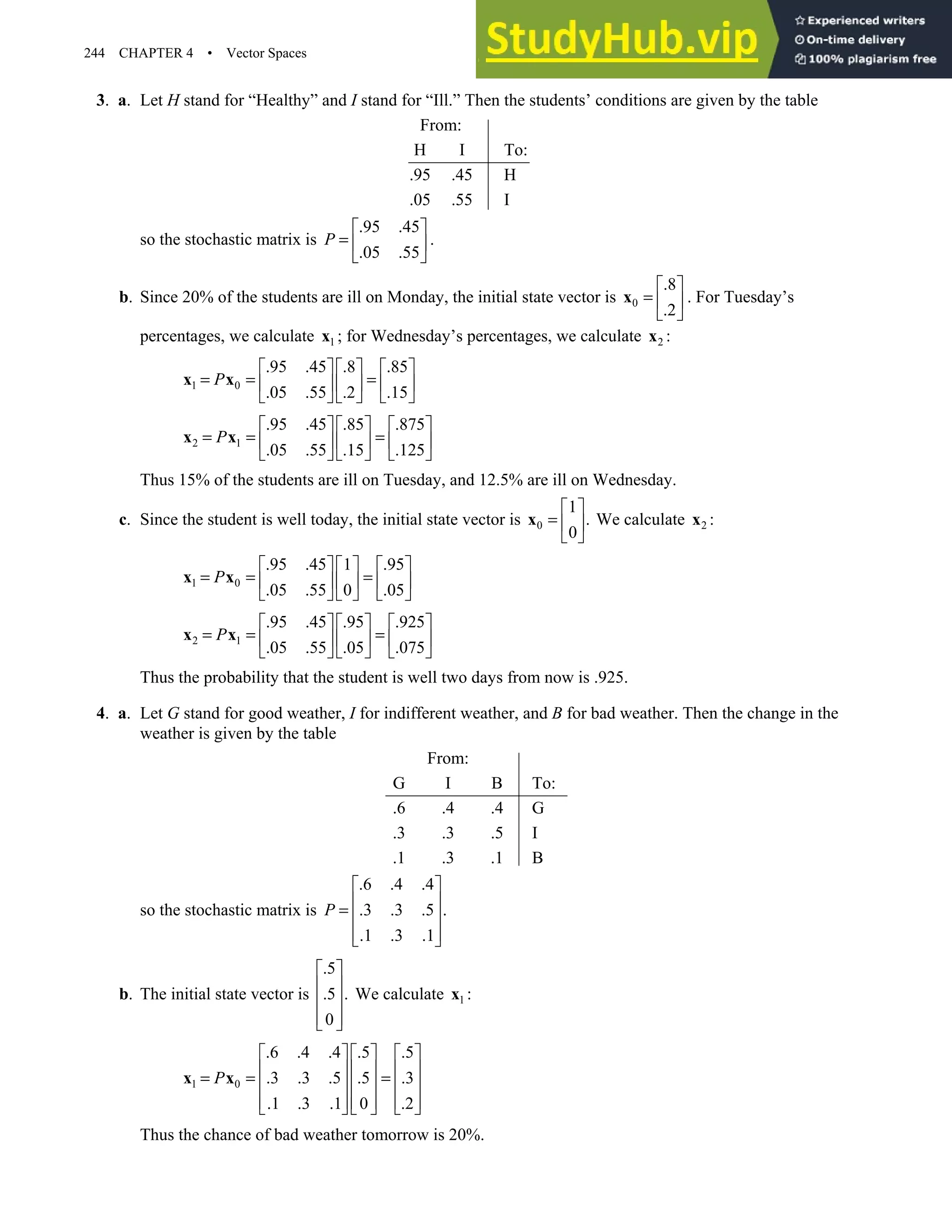244 CHAPTER 4 • Vector Spaces
3. a. Let H stand for “Healthy” and I stand for “Ill.” Then the students’ conditions are given by the table
From:
H I To:
.95 .45 H
.05 .55 I
so the stochastic matrix is
.95 .45
.05 .55
P
 
=  
 
.
b. Since 20% of the students are ill on Monday, the initial state vector is 0
.8
.2
 
=  
 
x . For Tuesday’s
percentages, we calculate 1
x ; for Wednesday’s percentages, we calculate 2
x :
1 0
.95 .45 .8 .85
.05 .55 .2 .15
P
     
= = =
     
     
x x
2 1
.95 .45 .85 .875
.05 .55 .15 .125
P
     
= = =
     
     
x x
Thus 15% of the students are ill on Tuesday, and 12.5% are ill on Wednesday.
c. Since the student is well today, the initial state vector is 0
1
.
0
 
=  
 
x We calculate 2
x :
1 0
.95 .45 1 .95
.05 .55 0 .05
P
     
= = =
     
     
x x
2 1
.95 .45 .95 .925
.05 .55 .05 .075
P
     
= = =
     
     
x x
Thus the probability that the student is well two days from now is .925.
4. a. Let G stand for good weather, I for indifferent weather, and B for bad weather. Then the change in the
weather is given by the table
From:
G I B To:
.6 .4 .4 G
.3 .3 .5 I
.1 .3 .1 B
so the stochastic matrix is
.6 .4 .4
.3 .3 .5 .
.1 .3 .1
P
 
 
=  
 
 
b. The initial state vector is
.5
.5 .
0
 
 
 
 
 
We calculate 1
x :
1 0
.6 .4 .4 .5 .5
.3 .3 .5 .5 .3
.1 .3 .1 0 .2
P
     
     
= = =
     
     
     
x x
Thus the chance of bad weather tomorrow is 20%.
 
