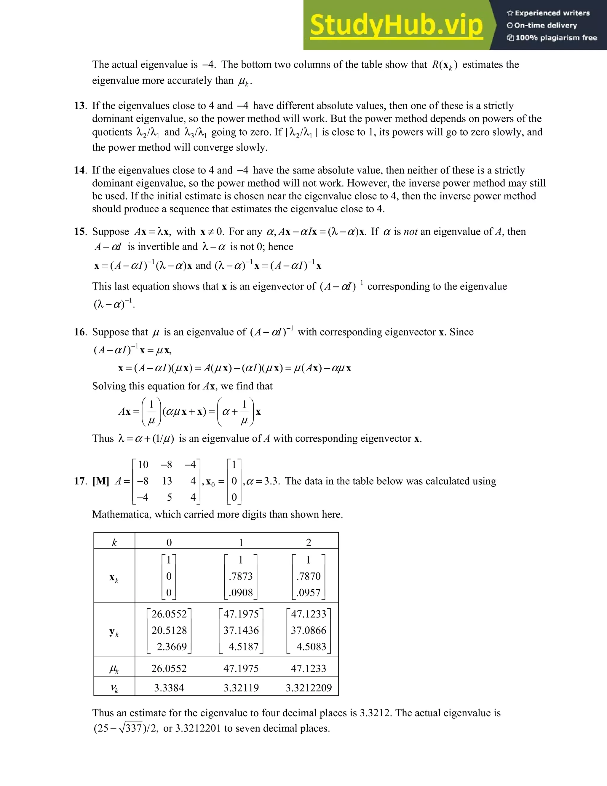 5.8 • Solutions 323
The actual eigenvalue is 4.
− The bottom two columns of the table show that ( )
k
R x estimates the
eigenvalue more accurately than .
k
µ
13. If the eigenvalues close to 4 and 4
− have different absolute values, then one of these is a strictly
dominant eigenvalue, so the power method will work. But the power method depends on powers of the
quotients 2 1
λ /λ and 3 1
λ /λ going to zero. If 2 1
| λ /λ | is close to 1, its powers will go to zero slowly, and
the power method will converge slowly.
14. If the eigenvalues close to 4 and 4
− have the same absolute value, then neither of these is a strictly
dominant eigenvalue, so the power method will not work. However, the inverse power method may still
be used. If the initial estimate is chosen near the eigenvalue close to 4, then the inverse power method
should produce a sequence that estimates the eigenvalue close to 4.
15. Suppose ,
= λ
x x
A with 0.
≠
x For any ( ) .
, − = λ −
x x x
A I
α α α If α is not an eigenvalue of A, then
A I
α
− is invertible and α
λ − is not 0; hence
1 1 1
( ) ( ) and ( ) ( )
A I A I
α α α α
− − −
= − λ − λ − = −
x x x x
This last equation shows that x is an eigenvector of 1
( )
A I
α −
− corresponding to the eigenvalue
1
( ) .
−
λ −α
16. Suppose that µ is an eigenvalue of 1
( )
A I
α −
− with corresponding eigenvector x. Since
1
( ) ,
−
− =
x x
A I
α µ
( )( ) ( ) ( )( ) ( )
A I A I A
α µ µ α µ µ αµ
= − = − = −
x x x x x x
Solving this equation for Ax, we find that
1 1
( )
   
= + = +
   
   
x x x x
A αµ α
µ µ
Thus (1 )
α µ
λ = + / is an eigenvalue of A with corresponding eigenvector x.
17. [M] 0
10 8 4 1
8 13 4 0 3 3.
4 5 4 0
− −
   
   
= − , = , = .
   
   
−
   
x
A α The data in the table below was calculated using
Mathematica, which carried more digits than shown here.
k 0 1 2
k
x
1
0
0
 
 
 
 
 
1
7873
0908
 
 
.
 
 
.
 
1
7870
0957
 
 
.
 
 
.
 
k
y
26 0552
20 5128
2 3669
.
 
 
.
 
 
.
 
47 1975
37 1436
4 5187
.
 
 
.
 
 
.
 
47 1233
37 0866
4 5083
.
 
 
.
 
 
.
 
k
µ 26.0552 47.1975 47.1233
k
ν 3.3384 3.32119 3.3212209
Thus an estimate for the eigenvalue to four decimal places is 3.3212. The actual eigenvalue is
(25 337) 2,
− / or 3.3212201 to seven decimal places.
 