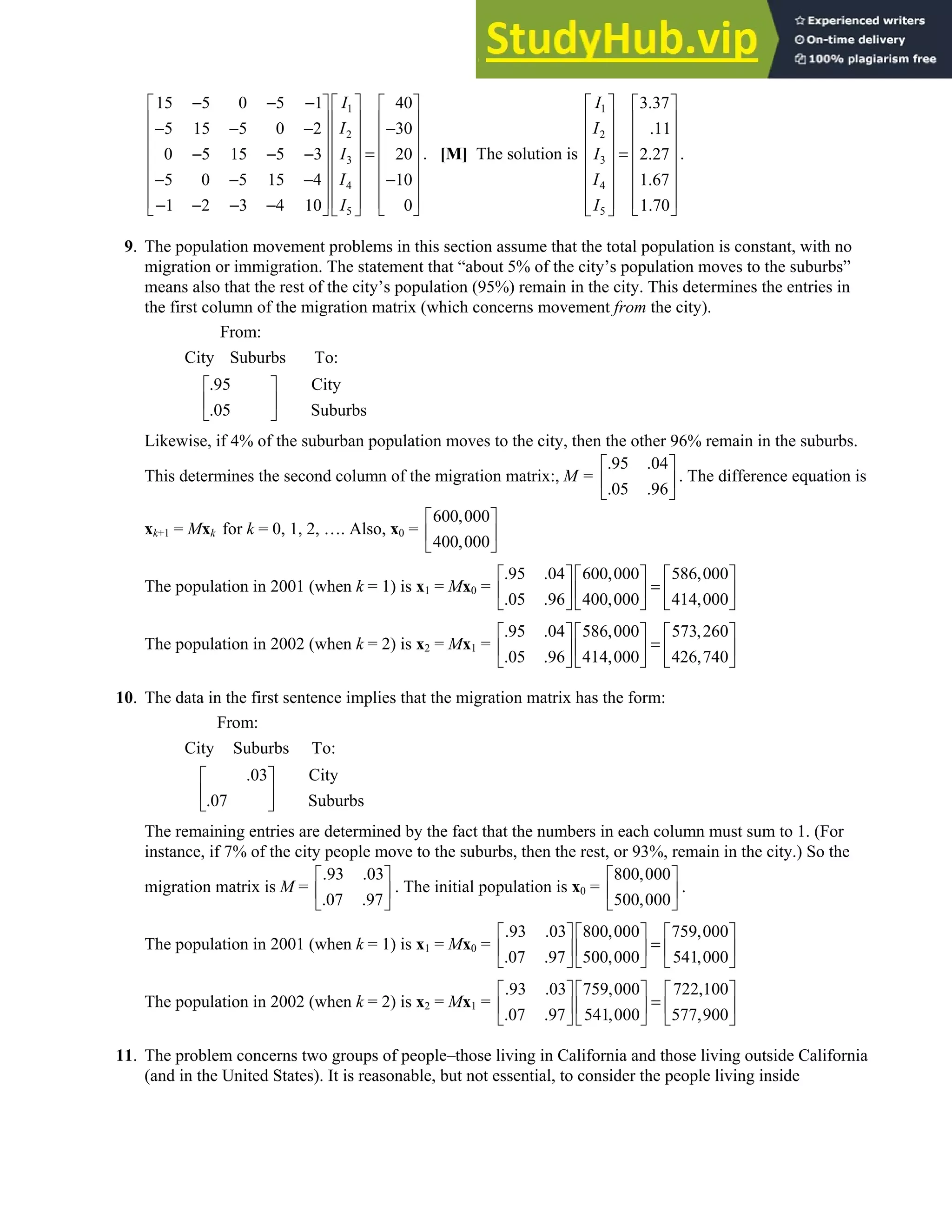 1.10 • Solutions 73
1
2
3
4
5
15 5 0 5 1 40
5 15 5 0 2 30
0 5 15 5 3 20
5 0 5 15 4 10
1 2 3 4 10 0
I
I
I
I
I
− − −  
   
 
   
− − − −
 
   
 
   
=
− − −
 
   
− − − −
 
   
 
   
− − − −
   
 
. [M] The solution is
1
2
3
4
5
3.37
.11
2.27
1.67
1.70
I
I
I
I
I
   
   
   
   
=
   
   
   
 
 
.
9. The population movement problems in this section assume that the total population is constant, with no
migration or immigration. The statement that “about 5% of the city’s population moves to the suburbs”
means also that the rest of the city’s population (95%) remain in the city. This determines the entries in
the first column of the migration matrix (which concerns movement from the city).
From:
City Suburbs To:
.95 City
.05 Suburbs
 
 
 
Likewise, if 4% of the suburban population moves to the city, then the other 96% remain in the suburbs.
This determines the second column of the migration matrix:, M =
.95 .04
.05 .96
 
 
 
. The difference equation is
xk+1 = Mxk for k = 0, 1, 2, …. Also, x0 =
600,000
400,000
 
 
 
The population in 2001 (when k = 1) is x1 = Mx0 =
.95 .04 600,000 586,000
.05 .96 400,000 414,000
     
=
     
     
The population in 2002 (when k = 2) is x2 = Mx1 =
.95 .04 586,000 573,260
.05 .96 414,000 426,740
     
=
     
     
10. The data in the first sentence implies that the migration matrix has the form:
From:
City Suburbs To:
.03 City
.07 Suburbs
 
 
 
The remaining entries are determined by the fact that the numbers in each column must sum to 1. (For
instance, if 7% of the city people move to the suburbs, then the rest, or 93%, remain in the city.) So the
migration matrix is M =
.93 .03
.07 .97
 
 
 
. The initial population is x0 =
800,000
500,000
 
 
 
.
The population in 2001 (when k = 1) is x1 = Mx0 =
.93 .03 800,000 759,000
.07 .97 500,000 541,000
     
=
     
     
The population in 2002 (when k = 2) is x2 = Mx1 =
.93 .03 759,000 722,100
.07 .97 541,000 577,900
     
=
     
     
11. The problem concerns two groups of people–those living in California and those living outside California
(and in the United States). It is reasonable, but not essential, to consider the people living inside
 