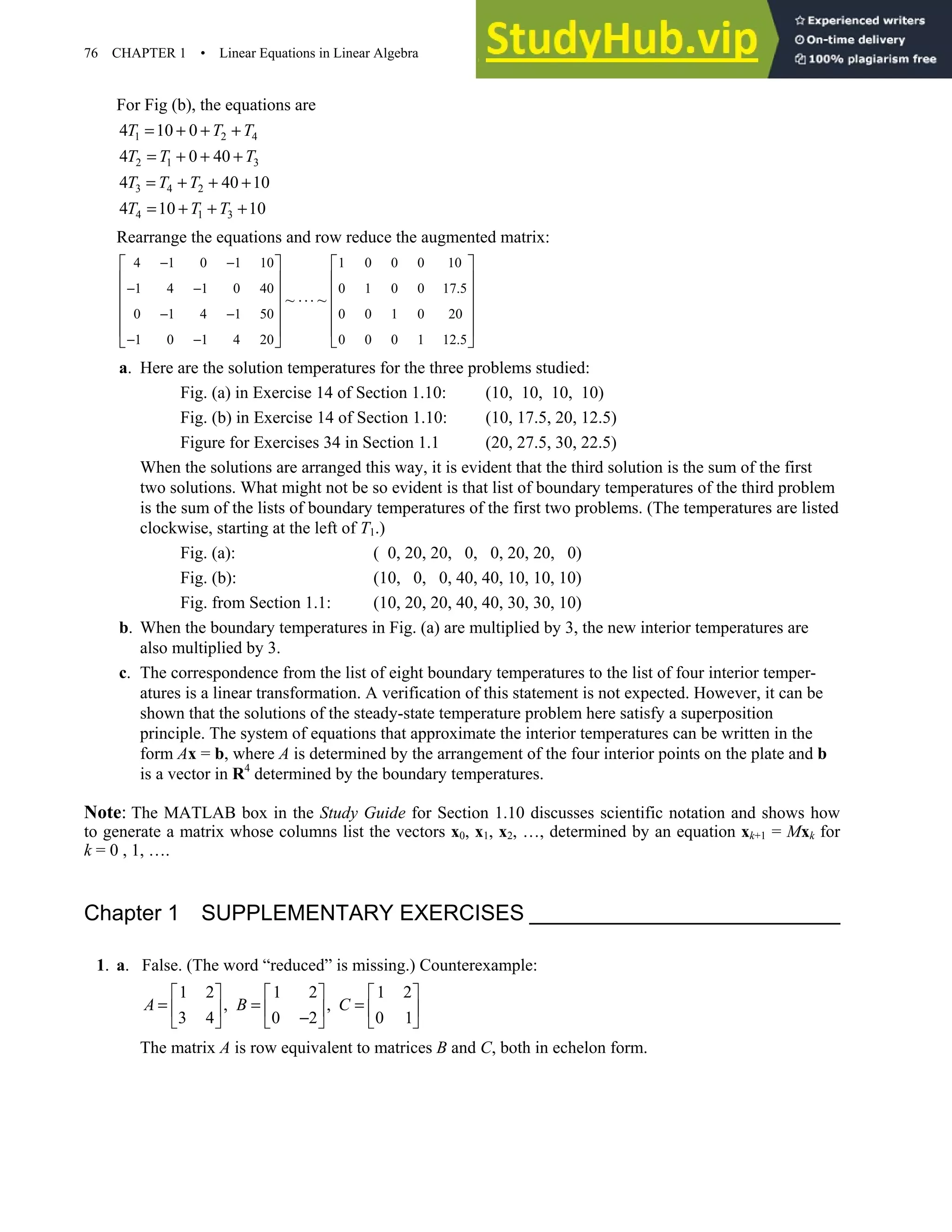 76 CHAPTER 1 • Linear Equations in Linear Algebra
For Fig (b), the equations are
1 2 4
2 1 3
3 4 2
4 1 3
4 10 0
4 0 40
4 40 10
4 10 10
T T T
T T T
T T T
T T T
= + + +
= + + +
= + + +
= + + +
Rearrange the equations and row reduce the augmented matrix:
4 1 0 1 10 1 0 0 0 10
1 4 1 0 40 0 1 0 0 17.5
0 1 4 1 50 0 0 1 0 20
1 0 1 4 20 0 0 0 1 12.5
~ ~
− −
− −
− −
− −
   
   
   
⋅⋅⋅
   
   
   
a. Here are the solution temperatures for the three problems studied:
Fig. (a) in Exercise 14 of Section 1.10: (10, 10, 10, 10)
Fig. (b) in Exercise 14 of Section 1.10: (10, 17.5, 20, 12.5)
Figure for Exercises 34 in Section 1.1 (20, 27.5, 30, 22.5)
When the solutions are arranged this way, it is evident that the third solution is the sum of the first
two solutions. What might not be so evident is that list of boundary temperatures of the third problem
is the sum of the lists of boundary temperatures of the first two problems. (The temperatures are listed
clockwise, starting at the left of T1.)
Fig. (a): ( 0, 20, 20, 0, 0, 20, 20, 0)
Fig. (b): (10, 0, 0, 40, 40, 10, 10, 10)
Fig. from Section 1.1: (10, 20, 20, 40, 40, 30, 30, 10)
b. When the boundary temperatures in Fig. (a) are multiplied by 3, the new interior temperatures are
also multiplied by 3.
c. The correspondence from the list of eight boundary temperatures to the list of four interior temper-
atures is a linear transformation. A verification of this statement is not expected. However, it can be
shown that the solutions of the steady-state temperature problem here satisfy a superposition
principle. The system of equations that approximate the interior temperatures can be written in the
form Ax = b, where A is determined by the arrangement of the four interior points on the plate and b
is a vector in R4
determined by the boundary temperatures.
Note: The MATLAB box in the Study Guide for Section 1.10 discusses scientific notation and shows how
to generate a matrix whose columns list the vectors x0, x1, x2, …, determined by an equation xk+1 = Mxk for
k = 0 , 1, ….
Chapter 1 SUPPLEMENTARY EXERCISES
1. a. False. (The word “reduced” is missing.) Counterexample:
1 2 1 2 1 2
, ,
3 4 0 2 0 1
A B C
     
= = =
     
−
     
The matrix A is row equivalent to matrices B and C, both in echelon form.
 