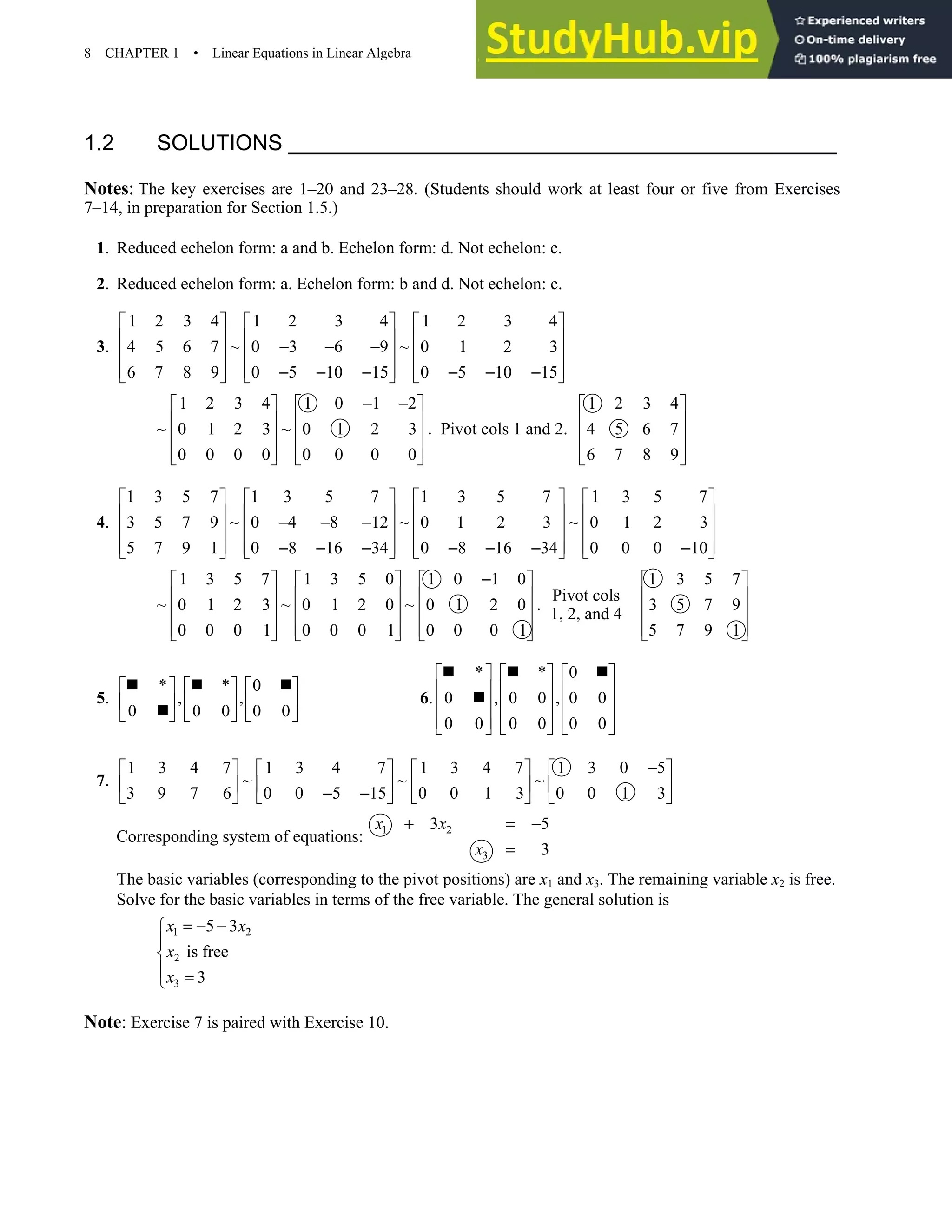 8 CHAPTER 1 • Linear Equations in Linear Algebra
1.2 SOLUTIONS
Notes: The key exercises are 1–20 and 23–28. (Students should work at least four or five from Exercises
7–14, in preparation for Section 1.5.)
1. Reduced echelon form: a and b. Echelon form: d. Not echelon: c.
2. Reduced echelon form: a. Echelon form: b and d. Not echelon: c.
3.
1 2 3 4 1 2 3 4 1 2 3 4
4 5 6 7 ~ 0 3 6 9 ~ 0 1 2 3
6 7 8 9 0 5 10 15 0 5 10 15
     
     
− − −
     
     
− − − − − −
     
1 2 3 4 1 0 1 2
~ 0 1 2 3 ~ 0 1 2 3
0 0 0 0 0 0 0 0
− −
   
   
   
   
   
. Pivot cols 1 and 2.
1 2 3 4
4 5 6 7
6 7 8 9
 
 
 
 
 
4.
1 3 5 7 1 3 5 7 1 3 5 7 1 3 5 7
3 5 7 9 ~ 0 4 8 12 ~ 0 1 2 3 ~ 0 1 2 3
5 7 9 1 0 8 16 34 0 8 16 34 0 0 0 10
       
       
− − −
       
       
− − − − − − −
       
1 3 5 7 1 3 5 0 1 0 1 0
~ 0 1 2 3 ~ 0 1 2 0 ~ 0 1 2 0
0 0 0 1 0 0 0 1 0 0 0 1
−
     
     
     
     
     
.
Pivot cols
1, 2, and 4
1 3 5 7
3 5 7 9
5 7 9 1
 
 
 
 
 
5.
* * 0
, ,
0 0 0 0 0
     
     
     
„ „ „
„
6.
* * 0
0 , 0 0 , 0 0
0 0 0 0 0 0
     
     
     
     
     
„ „ „
„
7.
1 3 4 7 1 3 4 7 1 3 4 7 1 3 0 5
~ ~ ~
3 9 7 6 0 0 5 15 0 0 1 3 0 0 1 3
−
       
       
− −
       
Corresponding system of equations: 1 2
3
3 5
3
x x
x
+ = −
=
The basic variables (corresponding to the pivot positions) are x1 and x3. The remaining variable x2 is free.
Solve for the basic variables in terms of the free variable. The general solution is
1 2
2
3
5 3
is free
3
x x
x
x
= − −



 =

Note: Exercise 7 is paired with Exercise 10.
 